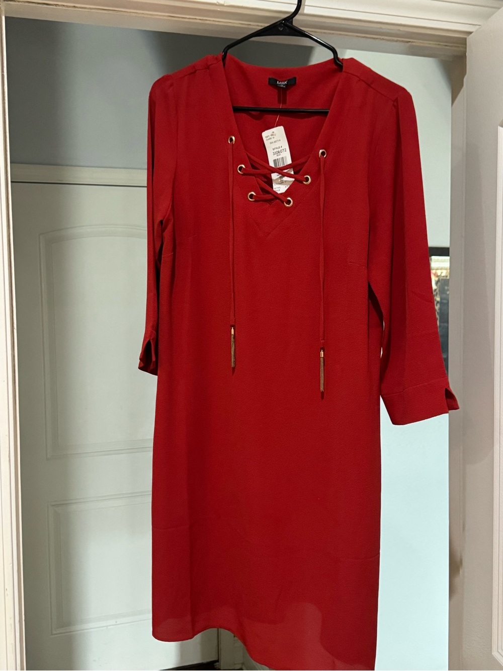 Tahari Red Lace-Up V-Neck Midi Dress